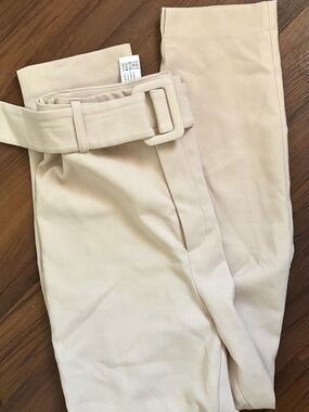 Stradivarius Beige High-Waist Belted Trousers